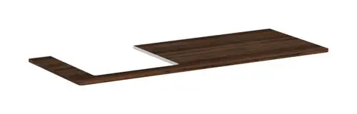 Consolenplatte von Hansgrohe mit Ausschnitt auf der linken Seite, furniert in dunklem Nussbaum. Geeignet für einen Aufsatzwaschtisch.